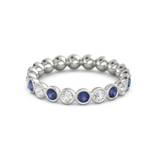 Afbeelding in Gallery-weergave laden, Diamant Eeuwigheid Band 2 Karaat Omlijsting Set Ronde Blauwe Saffier Dames