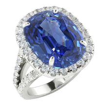 Afbeelding in Gallery-weergave laden, Natuurlijke uit de aarde gewonnen diamanten halo ovale Ceylonsaffierring met pavé gespleten schacht 6 karaat