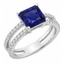 Afbeelding in Gallery-weergave laden, Natuurlijke uit de aarde gewonnen diamanten ring met prinsesslijpsel saffier en accenten, gespleten schacht, 6 karaat
