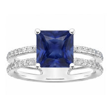 Afbeelding in Gallery-weergave laden, Natuurlijke uit de aarde gewonnen diamanten ring met prinsesslijpsel saffier en accenten, gespleten schacht, 6 karaat