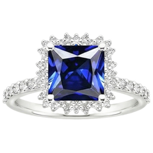 Afbeelding in Gallery-weergave laden, Natuurlijke uit de aarde gewonnen diamanten Verlovingsring Halo Ceylonese saffier Sunburst stijl 6.25 karaat