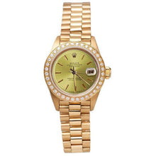 Afbeelding in Gallery-weergave laden, Diamanten lunette champagnekleurige wijzerplaat Rolex horloge Datumjust Presidentieel