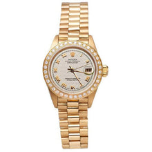 Afbeelding in Gallery-weergave laden, Diamanten lunette piramide Romeinse wijzerplaat Rolex Datumjust horloge voorzitter stijl geel goud