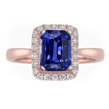 Afbeelding in Gallery-weergave laden, Diamond Halo Smaragd Ceylon Sapphire Ring Taps toelopende schacht 3 karaat goud