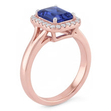 Afbeelding in Gallery-weergave laden, Diamond Halo Smaragd Ceylon Sapphire Ring Taps toelopende schacht 3 karaat goud