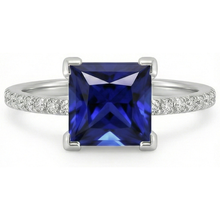 Afbeelding in Gallery-weergave laden, Natuurlijke uit de aarde gewonnen diamanten solitaire ring met prinses geslepen blauwe saffier en accenten, 5.50 karaat