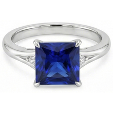 Afbeelding in Gallery-weergave laden, Driestenen blauwe saffier en natuurlijke uit de aarde gewonnen diamant 5.25 karaat Princess
