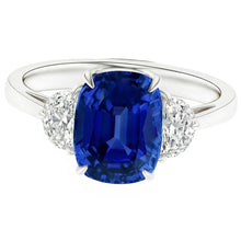 Afbeelding in Gallery-weergave laden, Drie stenen ovale blauwe saffier ring 4,50 karaat halve maan Natuurlijke echte diamant ( niet in het laboratorium gekweekt )en