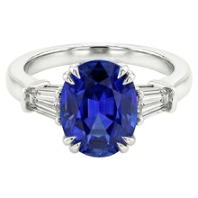Afbeelding in Gallery-weergave laden, Drie stenen ovale blauwe saffier ring met stokbrood Natuurlijke echte diamant ( niet in het laboratorium gekweekt ) 3,25 karaat