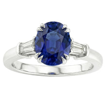 Afbeelding in Gallery-weergave laden, Drie stenen ovale blauwe saffier ring met stokbrood Natuurlijke echte diamant ( niet in het laboratorium gekweekt ) 3,25 karaat