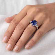Afbeelding in Gallery-weergave laden, Drie stenen ovale blauwe saffier ring met stokbrood Natuurlijke echte diamant ( niet in het laboratorium gekweekt ) 3,25 karaat