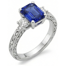 Afbeelding in Gallery-weergave laden, Driestenen Ring Antieke Stijl Blauwe Saffier & Natuurlijke uit de aarde gewonnen Diamanten 4.50 Karaat