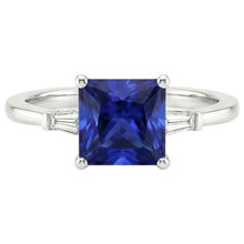 Afbeelding in Gallery-weergave laden, Driesteensring Prinses Geslepen Blauwe Saffier & Baguette Natuurlijke uit de aarde gewonnen Diamanten 5.25 Karaat