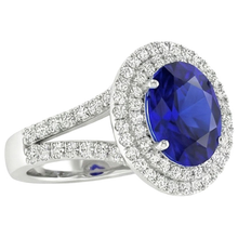 Afbeelding in Gallery-weergave laden, Natuurlijke Echte (Niet labgekweekt) Dubbele Halo Ceylonsaffier Verlovingsring 6.75 Karaat Dames Sieraden