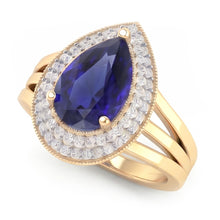 Afbeelding in Gallery-weergave laden, Dubbele Halo Ring Triple Shank Ceylon Saffier & Diamanten 4 Karaat