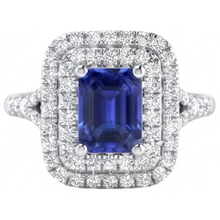 Afbeelding in Gallery-weergave laden, Dubbele Halo Trouwring Smaragd Blauwe Saffier & Diamanten 4 Karaat