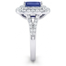 Afbeelding in Gallery-weergave laden, Dubbele Halo Trouwring Smaragd Blauwe Saffier & Diamanten 4 Karaat