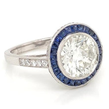 Afbeelding in Gallery-weergave laden, Natuurlijke Diamanten Ring 5 Karaat Halo Ceylonese Blauwe Saffier Milgrain Witgoud