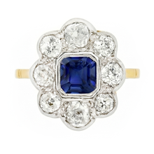 Afbeelding in Gallery-weergave laden, Echte Diamant Halo Saffier Ring Bezel Set Asscher Snijbloem Stijl 4 karaat