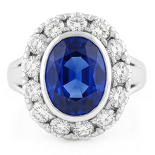 Afbeelding in Gallery-weergave laden, Echte Halo Diamanten Trouwring Ovale Ceylon Saffier Bezel Set 4,50 Karaat