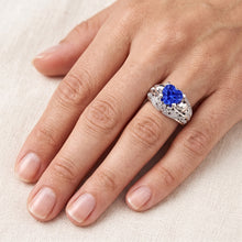 Afbeelding in Gallery-weergave laden, Edelsteen Hart Blauwe Saffier Ring Antieke Stijl Diamanten 2 Karaat