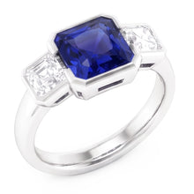 Afbeelding in Gallery-weergave laden, Edelsteen Sieraden 3 Stenen Stralende Saffier & Asscher Diamanten 3 Karaat
