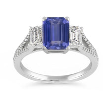 Afbeelding in Gallery-weergave laden, Emerald 3 stenen saffier ring met accenten gespleten schacht 3,50 karaat