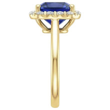 Afbeelding in Gallery-weergave laden, Geelgouden Ring met uit de aarde gewonnen Diamanten Halo en Prinsesslijpsel Blauwe Saffier 6 Karaat