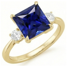 Afbeelding in Gallery-weergave laden, Geelgouden Drie Stenen Ring Princess Geslepen Blauwe Saffier & Natuurlijke uit de aarde gewonnen Diamanten 5.25 Karaat