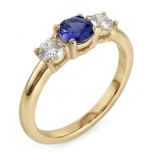 Afbeelding in Gallery-weergave laden, Geelgouden ring met 3 stenen ronde blauwe saffier en Natuurlijke echte diamant ( niet in het laboratorium gekweekt )en 1,50 karaat