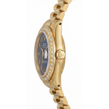 Afbeelding in Gallery-weergave laden, Geelgouden Rolex-dameshorloge in presidentiële stijl met datum, gewoon blauwe Romeinse wijzerplaat
