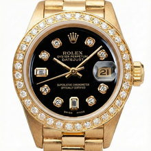 Afbeelding in Gallery-weergave laden, Geelgouden voorzitter Stijl Rolex Datumjust horloge rand diamanten wijzerplaat Zwart