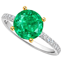 Afbeelding in Gallery-weergave laden, Colombiaanse Smaragd Rond Briljant Edelsteen Ring in Tweekleurig 14K Goud – zijaanzicht