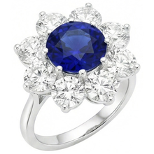 Afbeelding in Gallery-weergave laden, Gouden Halo Diamanten Ring Blauwe Ronde Saffier Bloem Stijl 4.50 Karaat