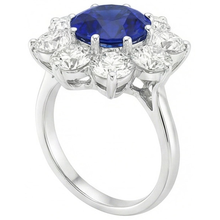Afbeelding in Gallery-weergave laden, Gouden Halo Diamanten Ring Blauwe Ronde Saffier Bloem Stijl 4.50 Karaat