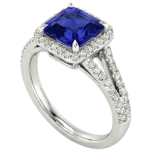 Afbeelding in Gallery-weergave laden, Gouden Halo Natuurlijke echte diamanten ( niet in een laboratorium gekweekt ) verlovingsring 3,25 karaat Asscher blauwe saffier