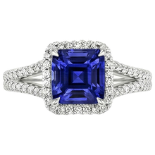 Afbeelding in Gallery-weergave laden, Gouden Halo Natuurlijke echte diamanten ( niet in een laboratorium gekweekt ) verlovingsring 3,25 karaat Asscher blauwe saffier