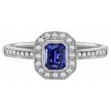 Afbeelding in Gallery-weergave laden, Gouden Halo Smaragd Vormige Sri Lankaanse Saffier Diamanten Ring 3,50 Karaat