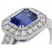 Afbeelding in Gallery-weergave laden, Gouden Halo Smaragd Vormige Sri Lankaanse Saffier Diamanten Ring 3,50 Karaat