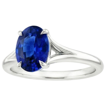 Afbeelding in Gallery-weergave laden, Gouden Solitaire Blauwe Saffier Ring Prong Set Ovale Split Shank 3 Karaat