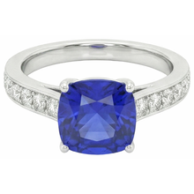 Afbeelding in Gallery-weergave laden, Gouden Solitaire Blauwe Saffier Ring Met Ronde Natuurlijke uit de aarde gewonnen Diamanten Accenten 6 Karaat