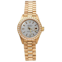 Afbeelding in Gallery-weergave laden, Gouden presidentiële Rolex-horloge met witte wijzerplaat en diamanten lunette Datumjust