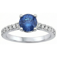 Afbeelding in Gallery-weergave laden, Grote ronde Ceylon saffier met Natuurlijke echte diamanten ( niet in een laboratorium gekweekt ) jubileum ring 3,30 karaat