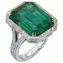 Afbeelding in Gallery-weergave laden, Grote Smaragd GIA Geslepen Groene Smaragd GIA & Natuurlijke uit de aarde gewonnen Diamanten Ring Massief Tweekleurig Goud 24.75 Ct