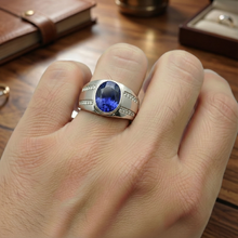 Afbeelding in Gallery-weergave laden, Gypsy Edelsteen Vintage Stijl Oval Blue Sapphire Mens Diamond Ring