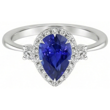 Afbeelding in Gallery-weergave laden, Halo 3 Stenen Ring Peer Ceylon Saffier & Diamanten 5 Karaat