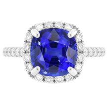 Afbeelding in Gallery-weergave laden, Halo Cushion Ceylon Sapphire Ring met accenten Diamant 3,50 karaat