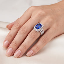 Afbeelding in Gallery-weergave laden, Halo Diamant Saffier Betrokkenheid trouwring set met jasje 5 karaat