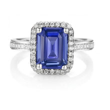 Afbeelding in Gallery-weergave laden, Halo Diamond Blue Sapphire trouwring Emerald Cut 3,50 karaat goud