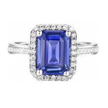 Afbeelding in Gallery-weergave laden, Halo Diamond Blue Sapphire trouwring Emerald Cut 3,50 karaat goud